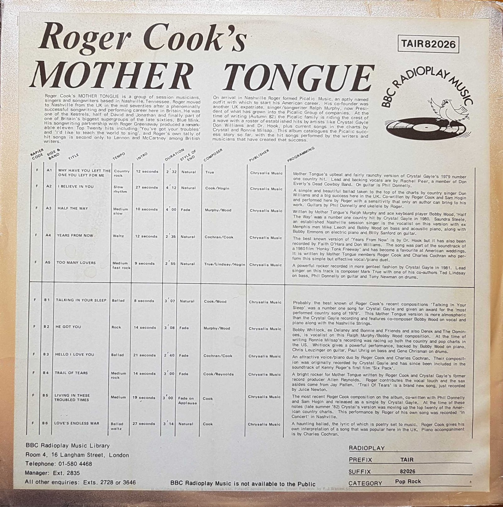 Picture of TAIR 82026 Roger Cook's mother tongue by artist Roger Cook from the BBC records and Tapes library